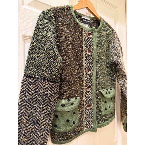 Xanadu Multicolor Patchwork Knit Cardigan Sweater With Leopard Print Buttons & S - Picture 4 of 8